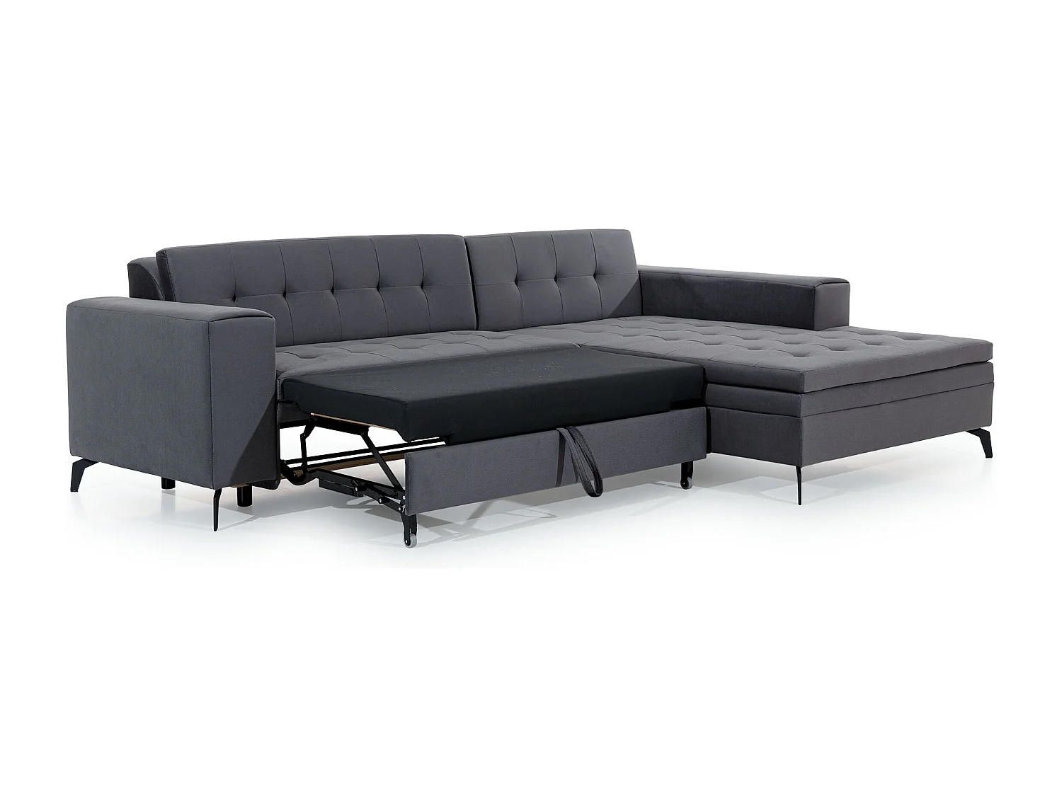 Canapé convertible capitonné angle gauche velours gris anthracite et pieds métal noir Lazor 295cm