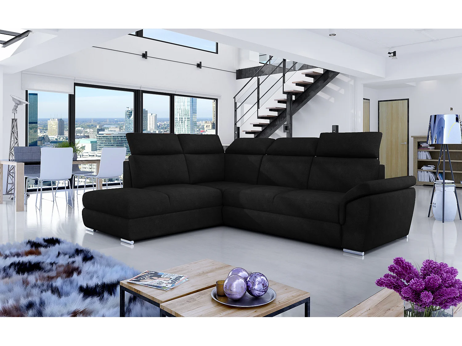 Canapé angle gauche convertible velours noir avec appuis-tête réglables Kepita 260cm