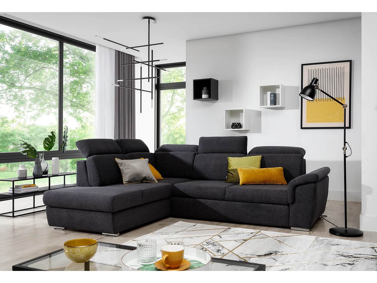 Canapé angle gauche convertible velours noir avec appuis-tête réglables Kepita 260cm