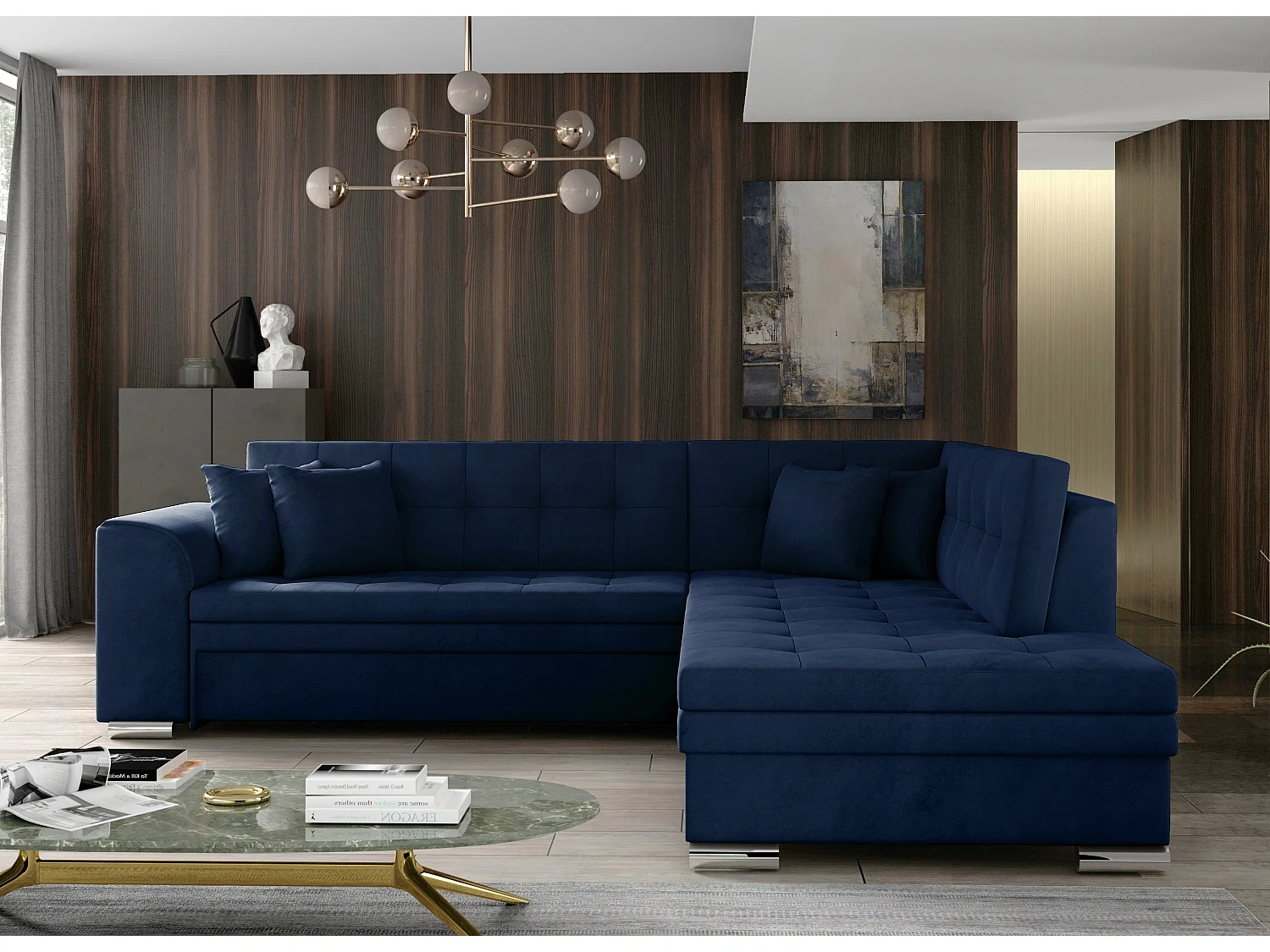 Canapé convertible angle droit velours bleu nuit et chromé Pika 260cm