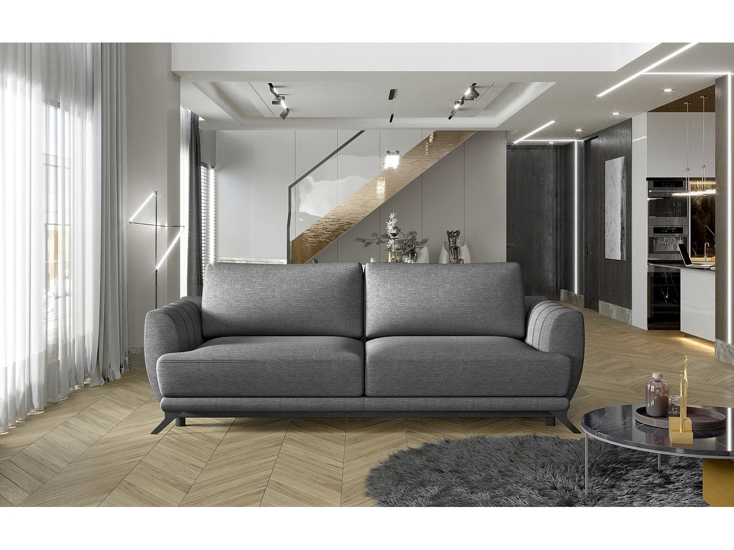 Canapé convertible 3-4 places tissu gris foncé et pieds métal noir Zora 250cm