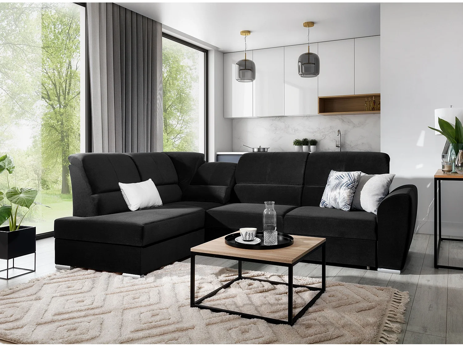 Canapé angle gauche convertible velours noir et pieds acier chromé Zabor 270cm