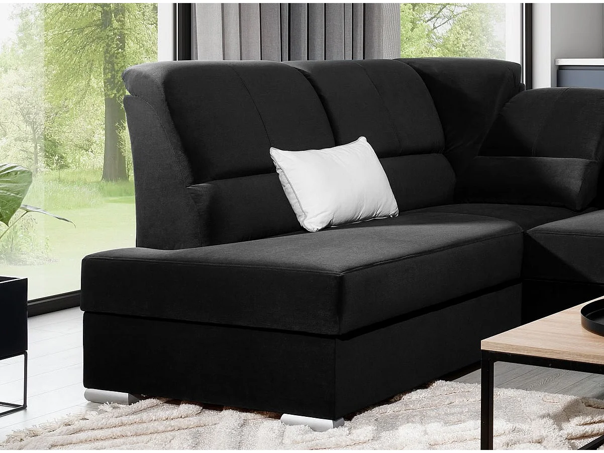 Canapé angle gauche convertible velours noir et pieds acier chromé Zabor 270cm