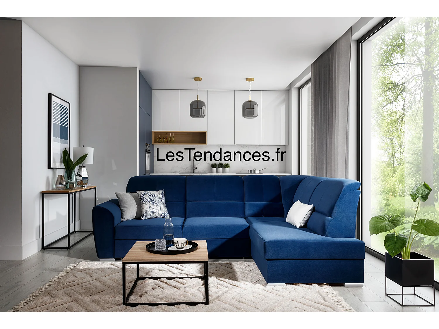 Canapé angle gauche convertible velours noir et pieds acier chromé Zabor 270cm