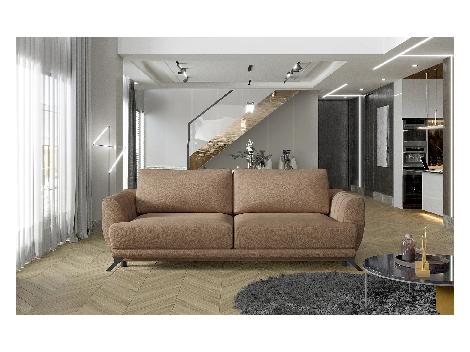 Canapé convertible 3-4 places tissu marron clair et pieds métal noir Zora 250cm