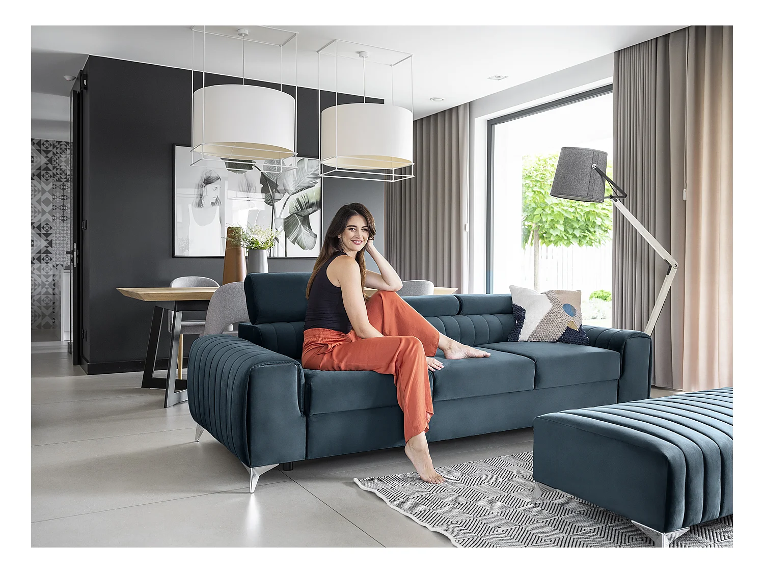 Canapé convertible avec appuis-tête réglables velours bleu Lozan 261cm