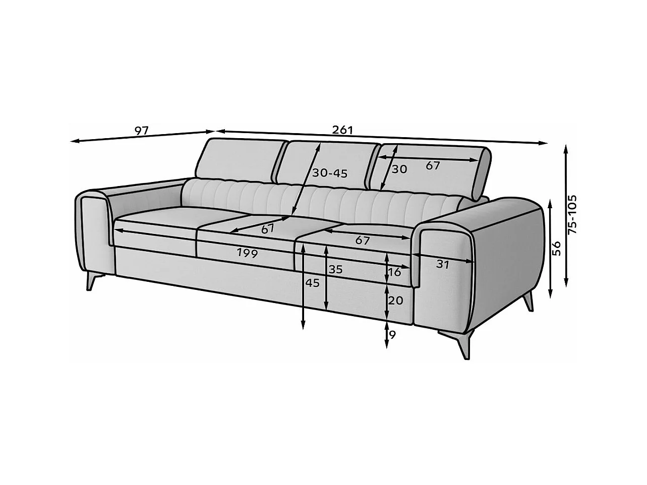 Canapé convertible avec appuis-tête réglables velours bleu Lozan 261cm