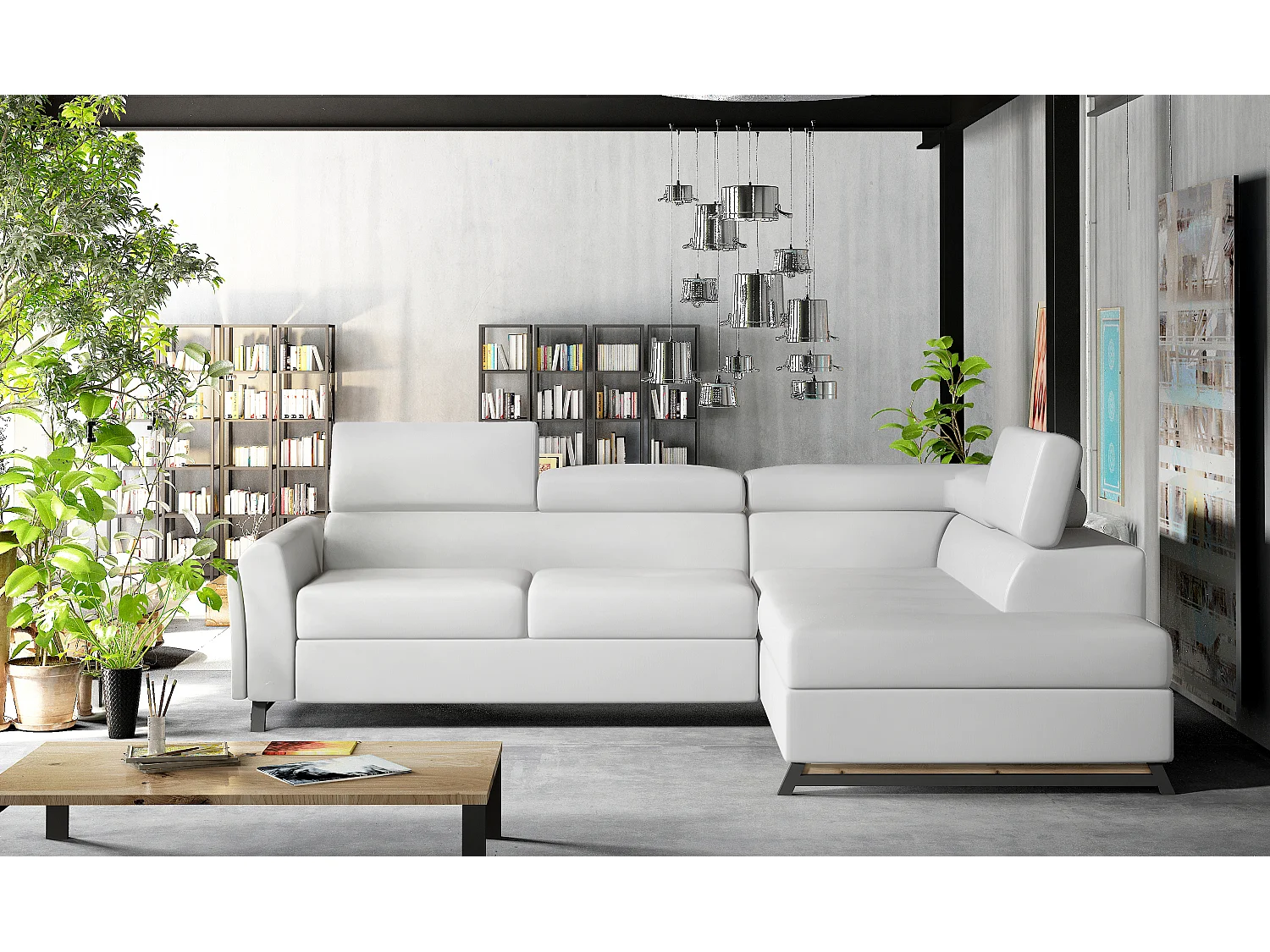 Canapé angle droit convertible simili cuir blanc avec têtières réglables Nikos 265cm