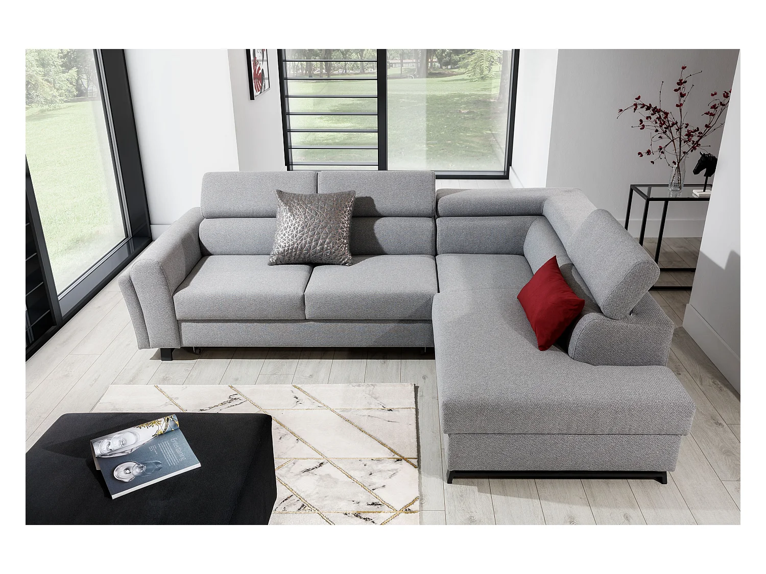 Converteerbare hoekbank rechts in wit kunstleer met verstelbare hoofdsteunen Nikos 265 cm