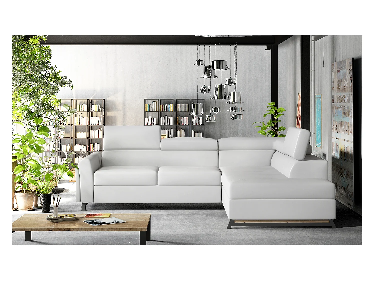 Converteerbare hoekbank rechts in wit kunstleer met verstelbare hoofdsteunen Nikos 265 cm