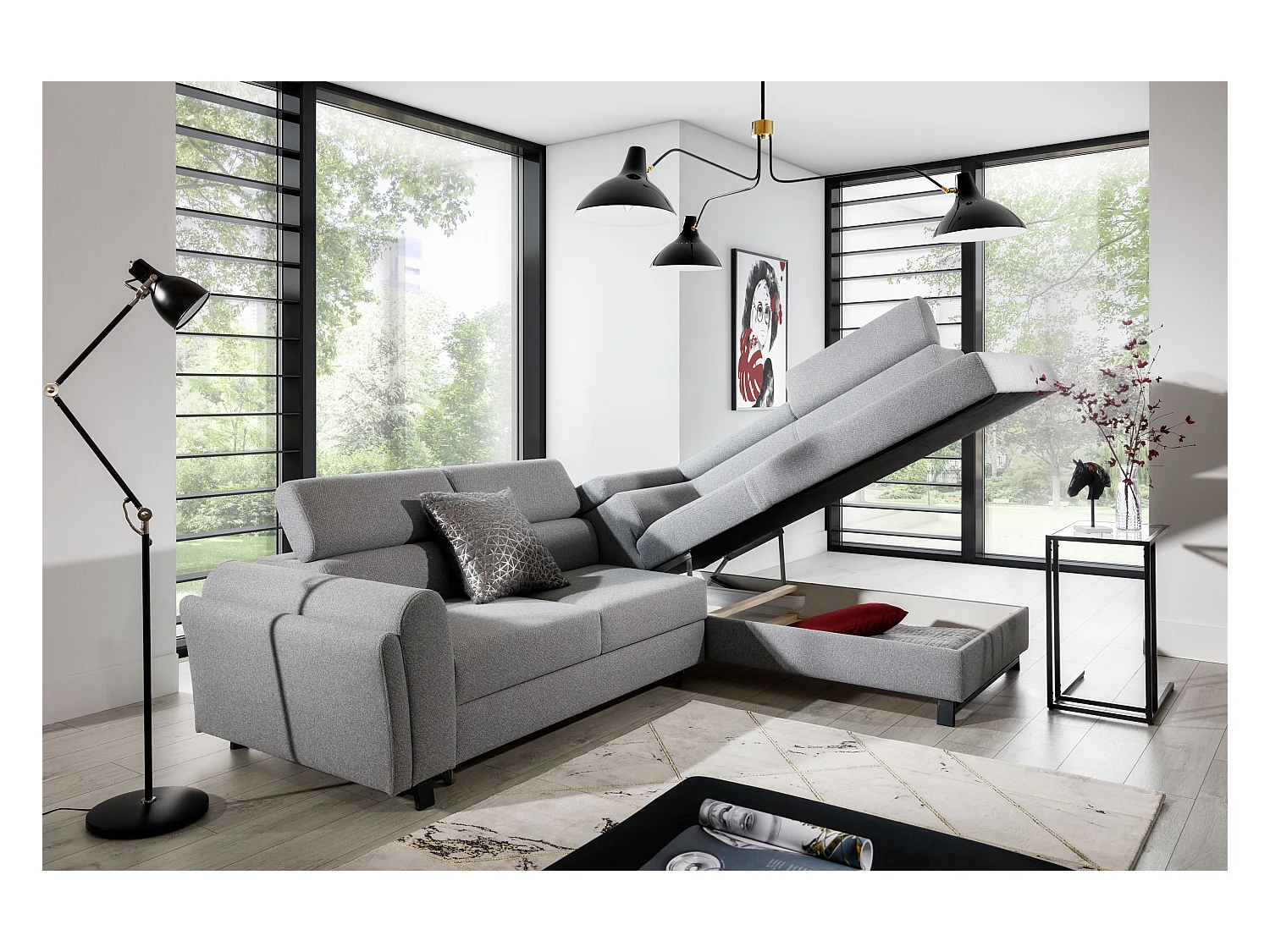 Converteerbare hoekbank rechts in wit kunstleer met verstelbare hoofdsteunen Nikos 265 cm