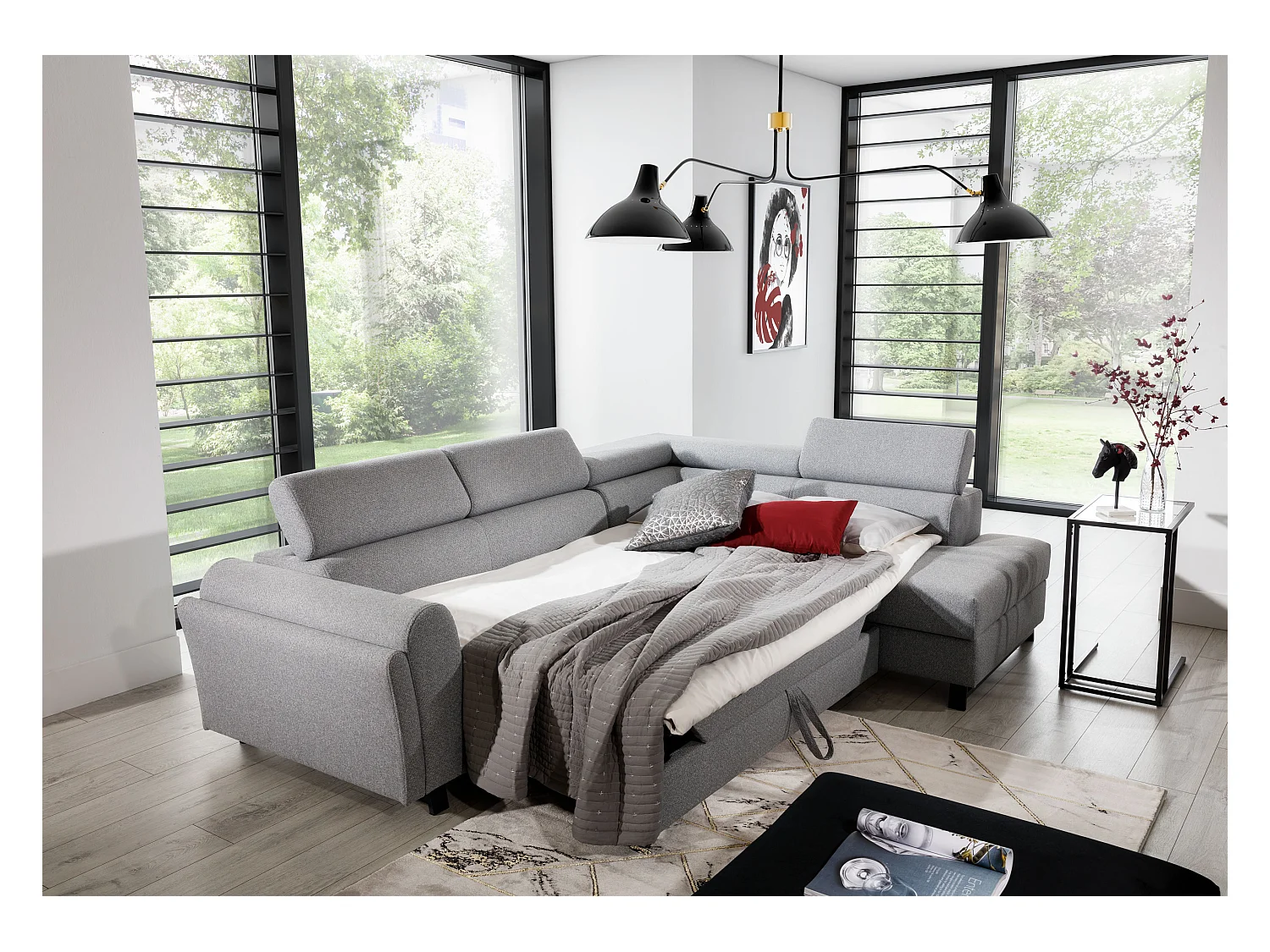 Converteerbare hoekbank rechts in wit kunstleer met verstelbare hoofdsteunen Nikos 265 cm