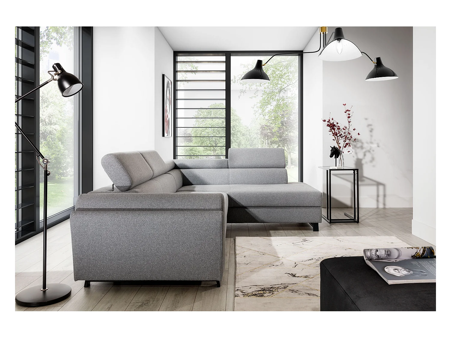 Converteerbare hoekbank rechts in wit kunstleer met verstelbare hoofdsteunen Nikos 265 cm