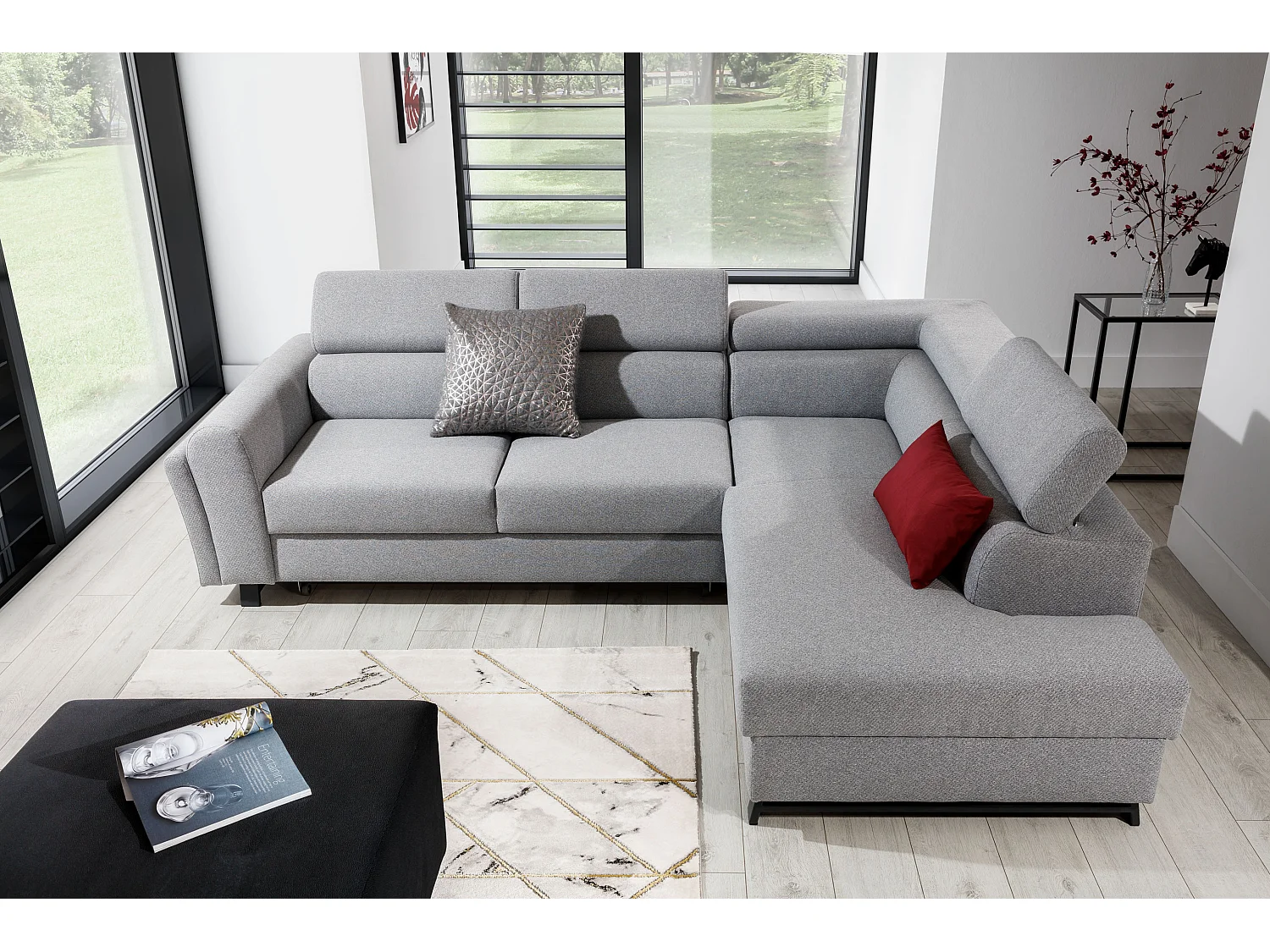 Canapé angle droit convertible simili cuir blanc avec têtières réglables Nikos 265cm