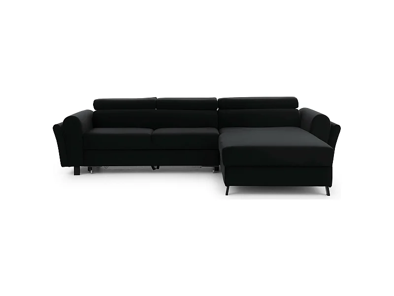 Canapé d’angle convertible MAZALI velours - Appuis-tête réglables et rangement-Noir-Méridienne A droite