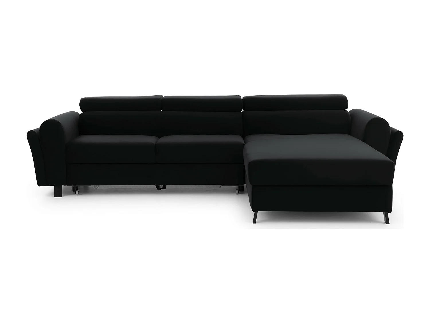 Canapé d’angle convertible MAZALI velours - Appuis-tête réglables et rangement-Noir-Méridienne A droite