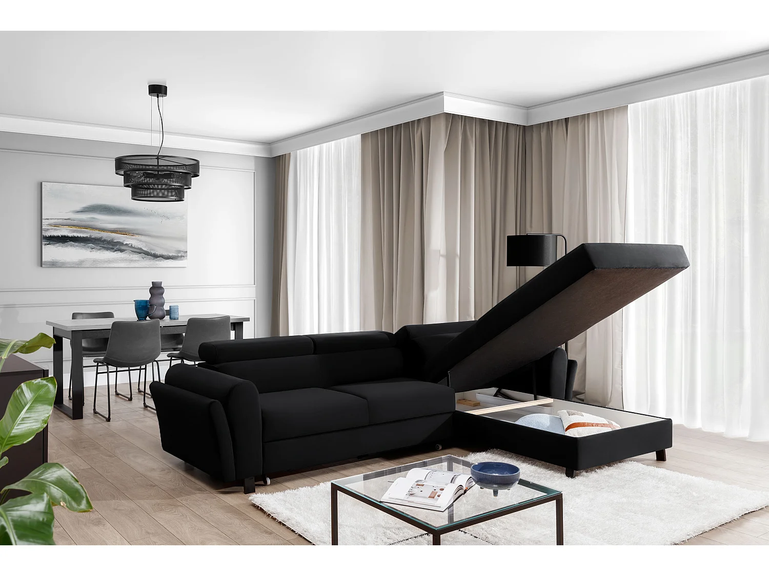 Canapé d’angle convertible MAZALI velours - Appuis-tête réglables et rangement-Noir-Méridienne A droite