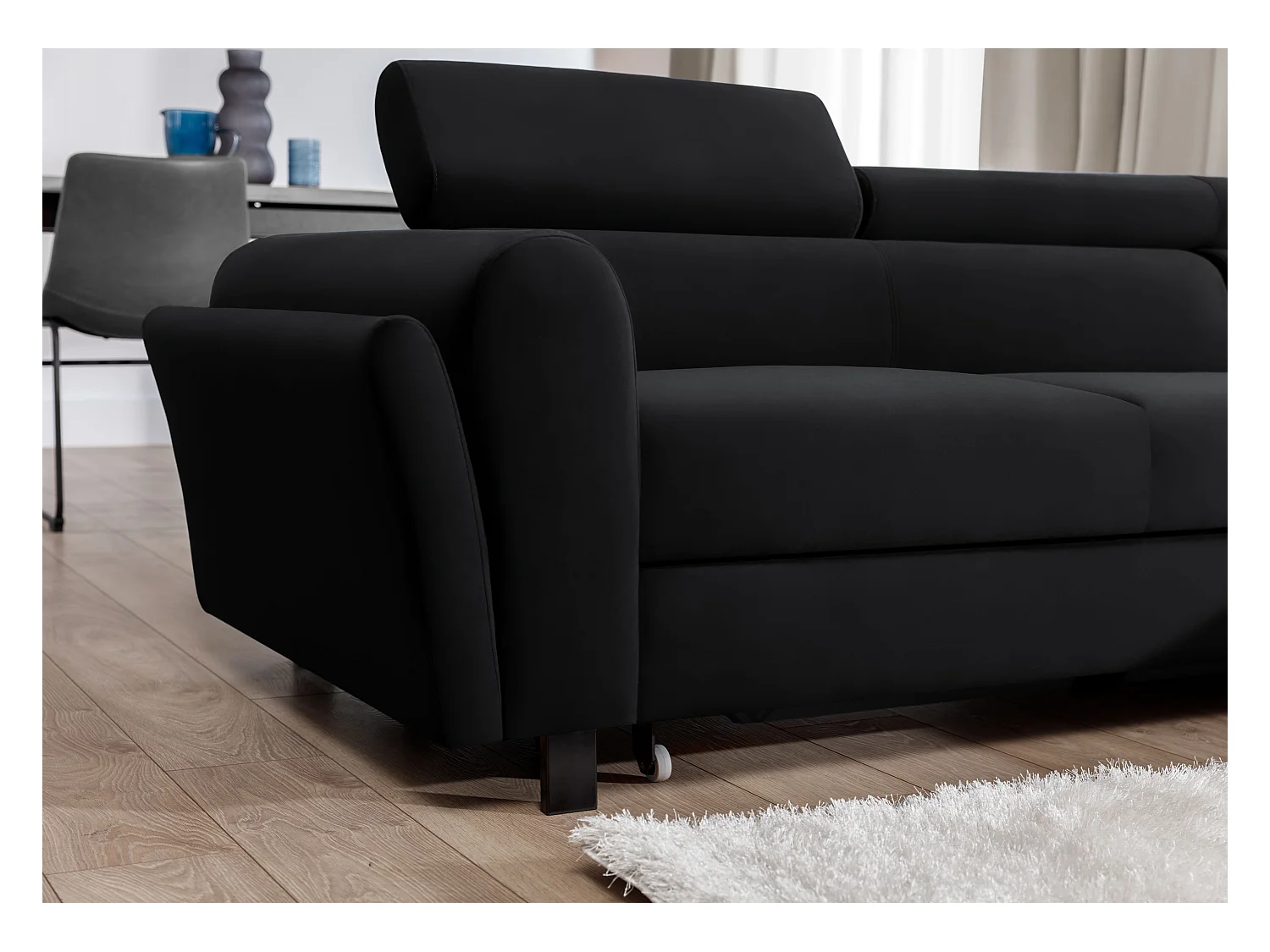 Canapé d’angle convertible MAZALI velours - Appuis-tête réglables et rangement-Noir-Méridienne A droite