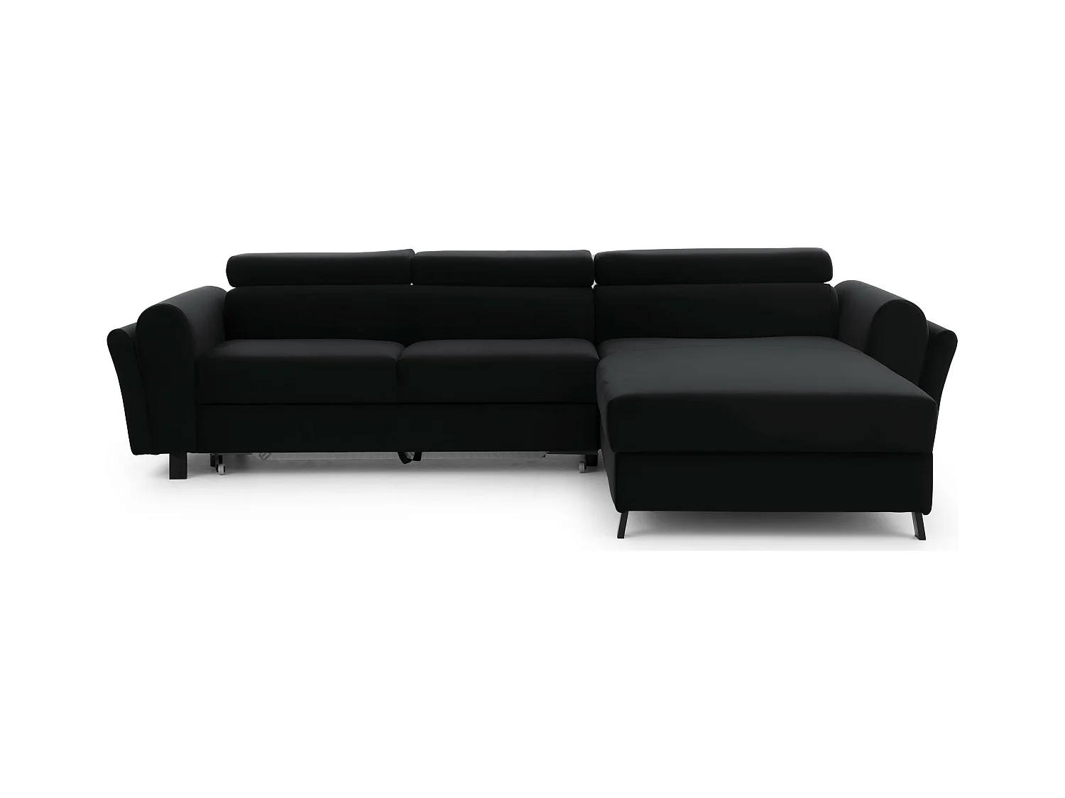 Canapé d’angle convertible MAZALI velours - Appuis-tête réglables et rangement-Noir-Méridienne A droite