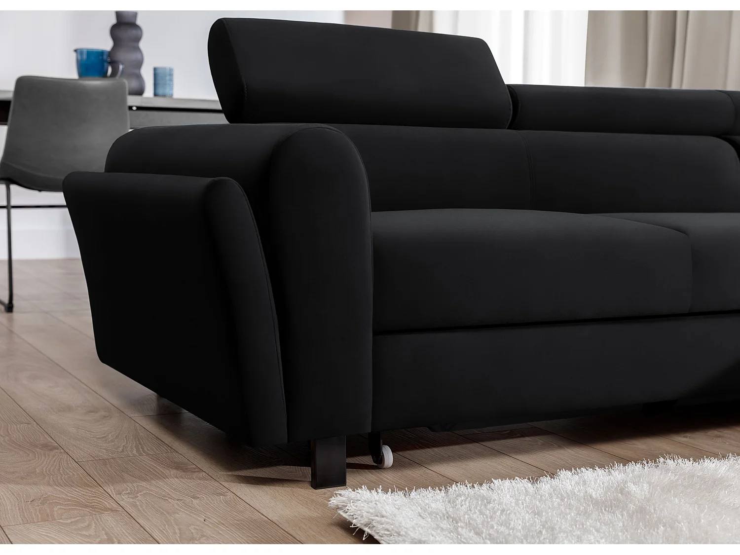 Canapé d’angle convertible MAZALI velours - Appuis-tête réglables et rangement-Noir-Méridienne A droite