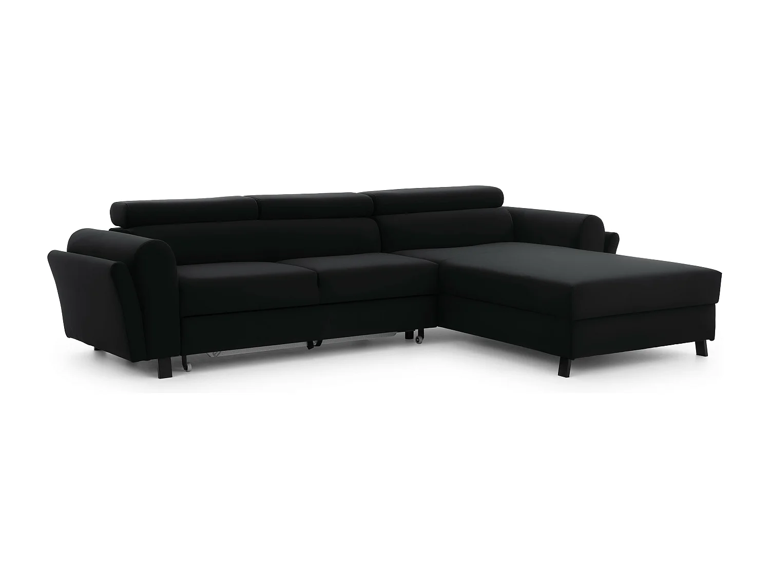 Canapé d’angle convertible MAZALI velours - Appuis-tête réglables et rangement-Noir-Méridienne A droite