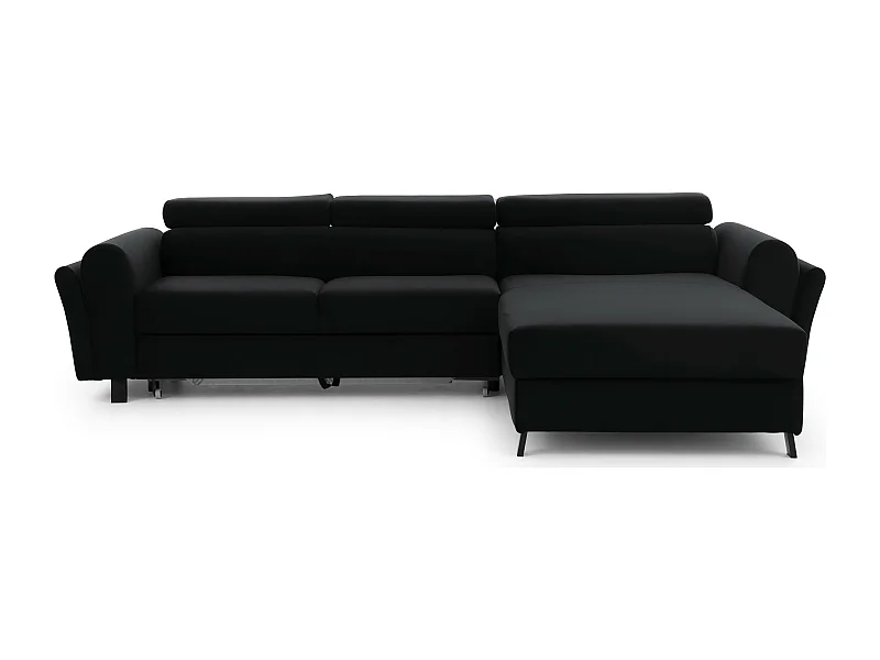 Canapé d’angle convertible MAZALI velours - Appuis-tête réglables et rangement-Noir-Méridienne A droite
