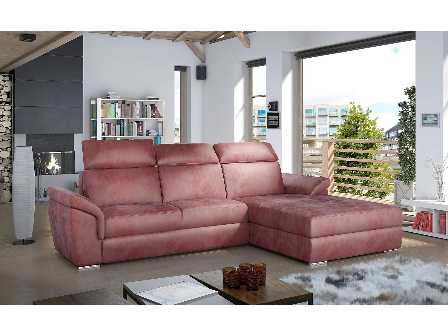 Suzy 272 cm koperroze fluwelen slaapbank in de rechterhoek met verstelbare hoofdsteunen