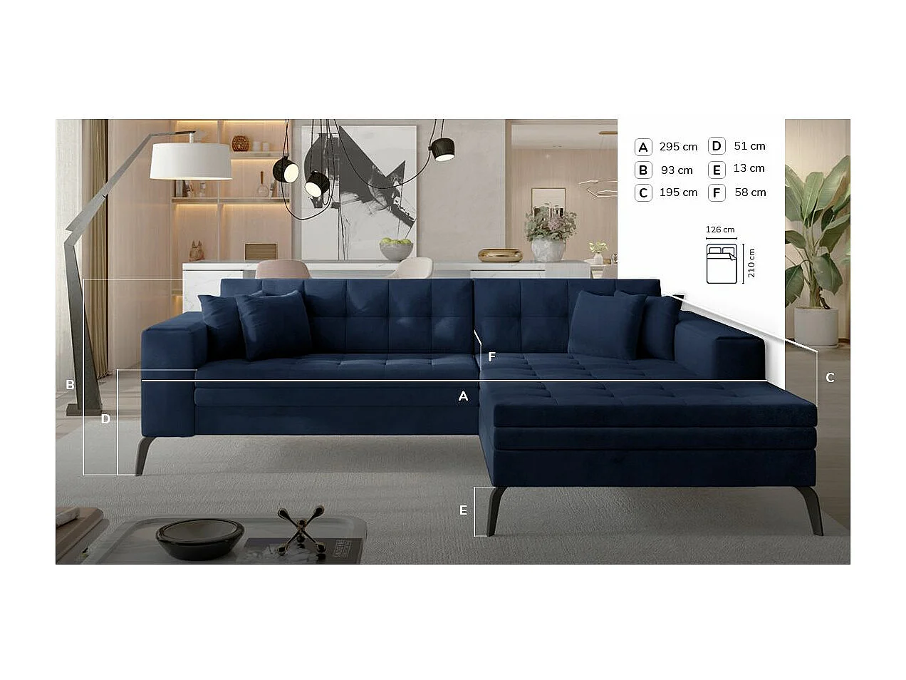 Canapé convertible capitonné angle droit tissu gris clair et pieds métal noir Lazor 295cm