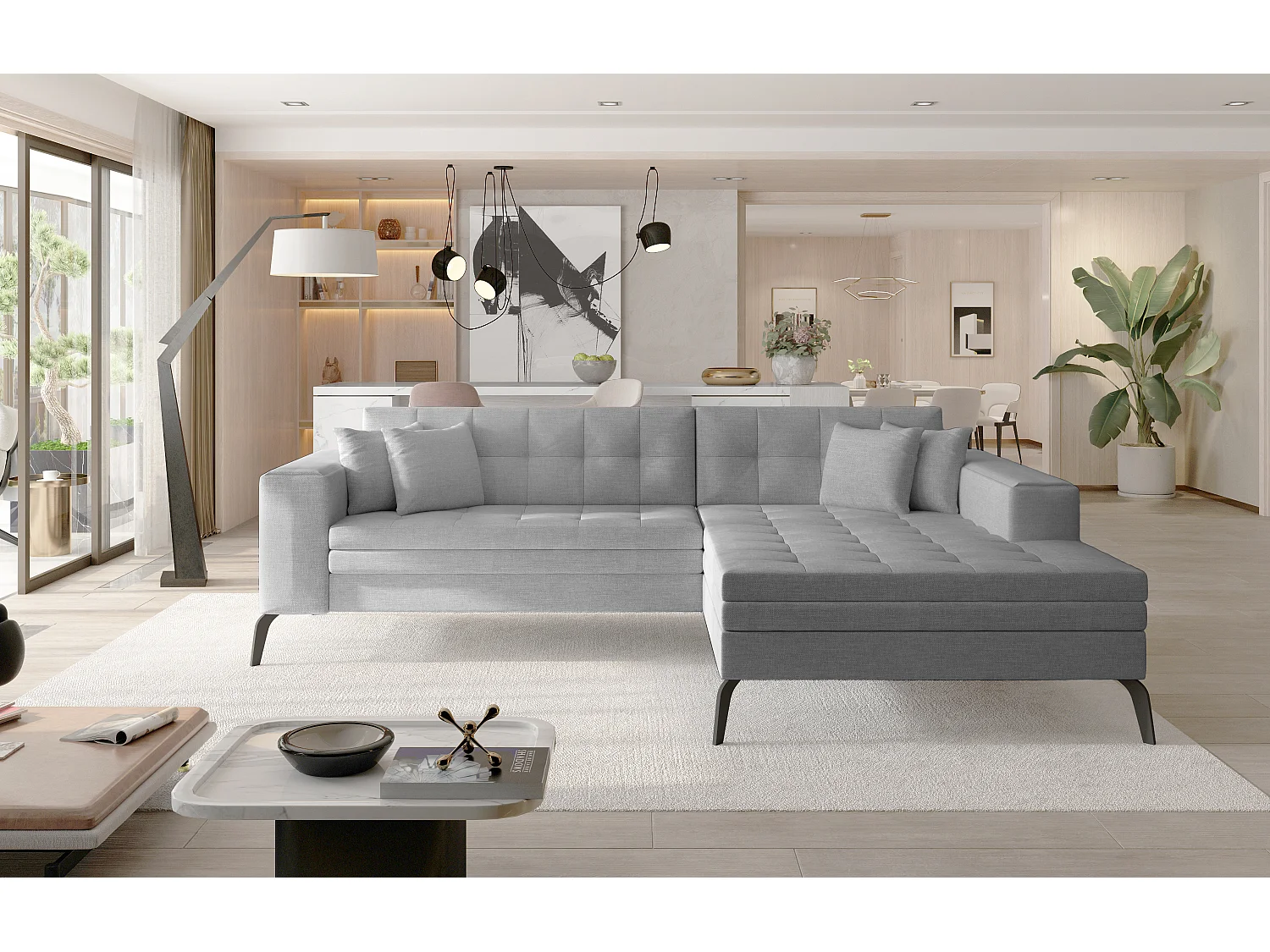 Canapé convertible capitonné angle droit tissu gris clair et pieds métal noir Lazor 295cm