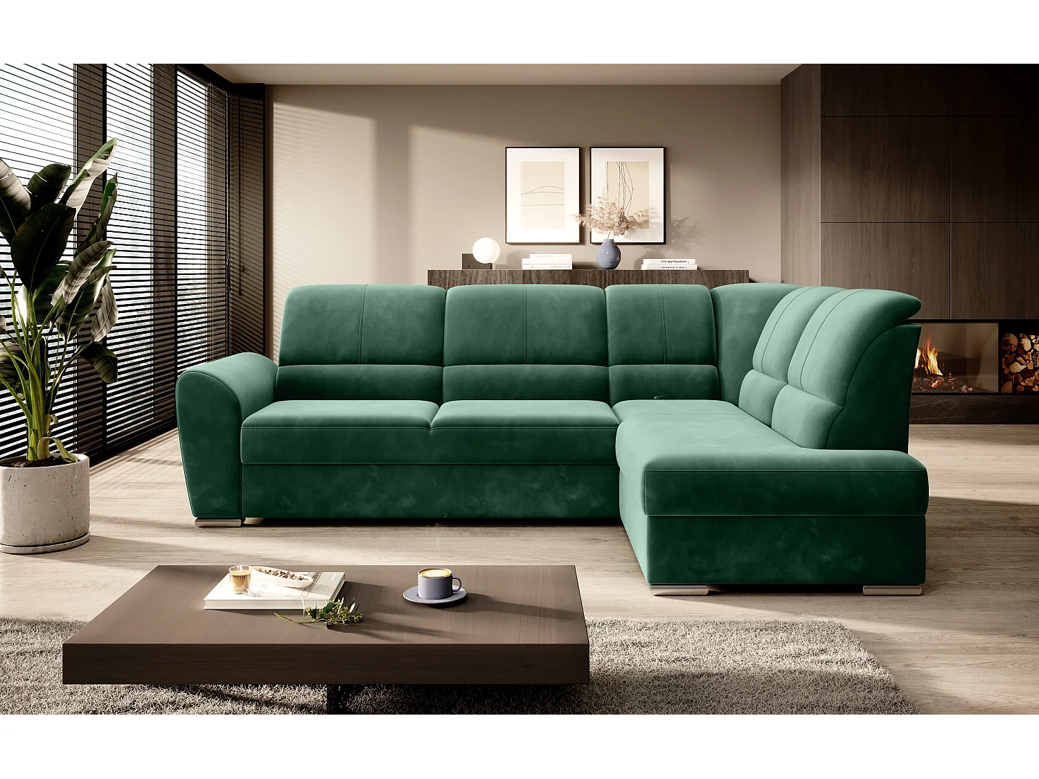 Canapé angle droit convertible tissu vert foncé et pieds acier chromé Zabor 270cm