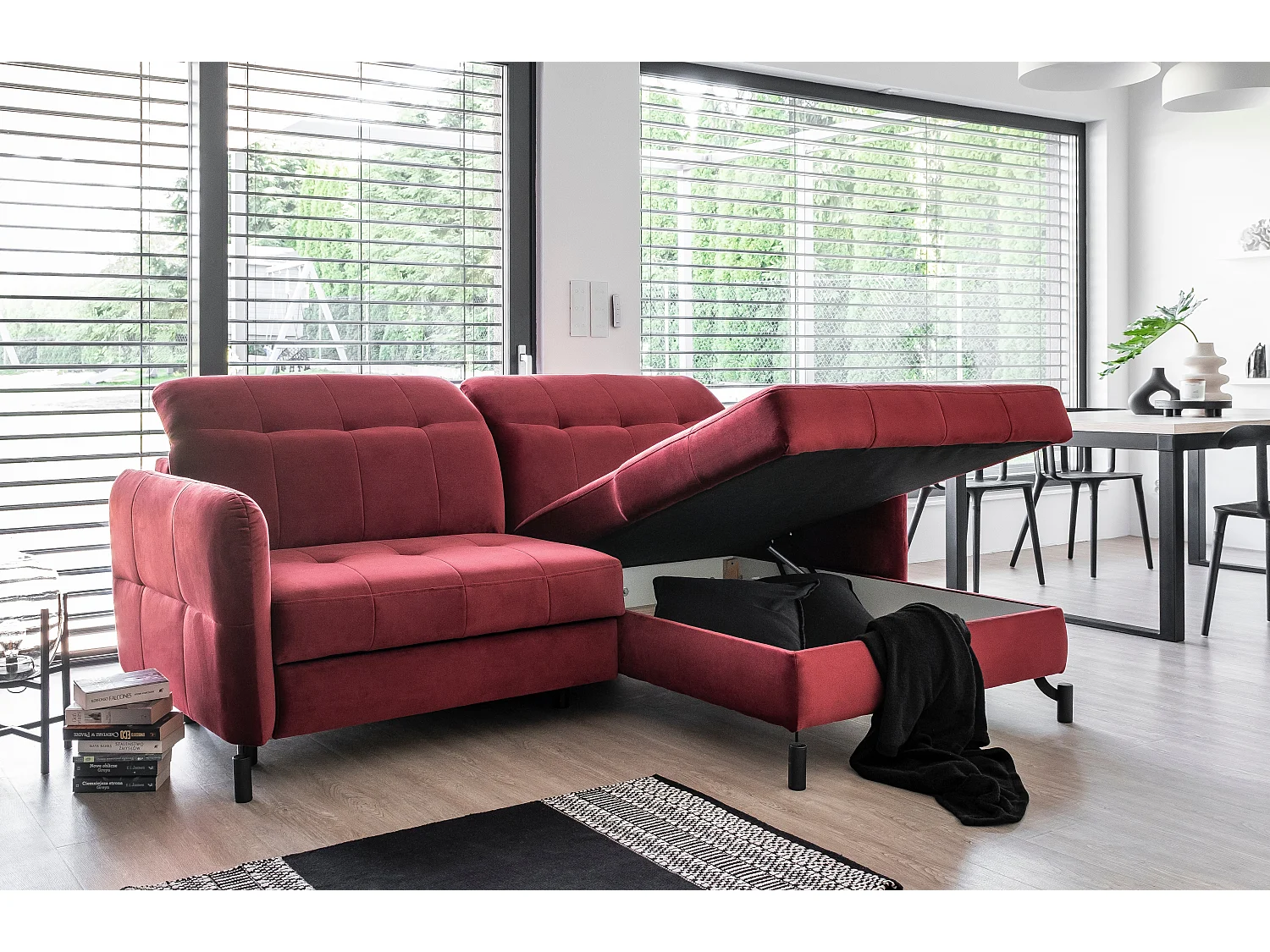 Canapé convertible angle droit avec têtières réglables velours matelassé vert bouteille Lory 225cm