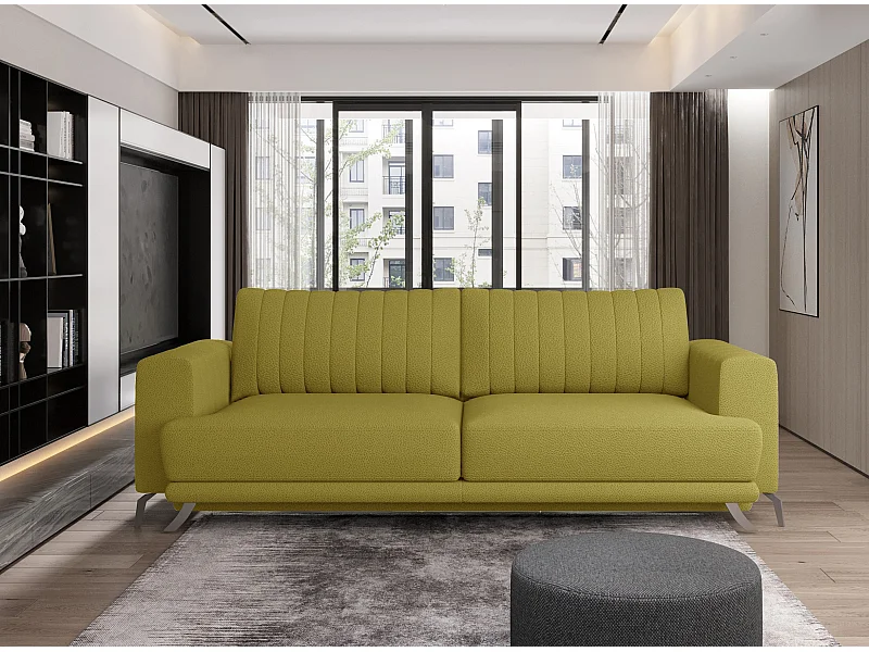 Canapé convertible design 3-4 places tissu jaune et pieds acier chromé Eliza 250cm