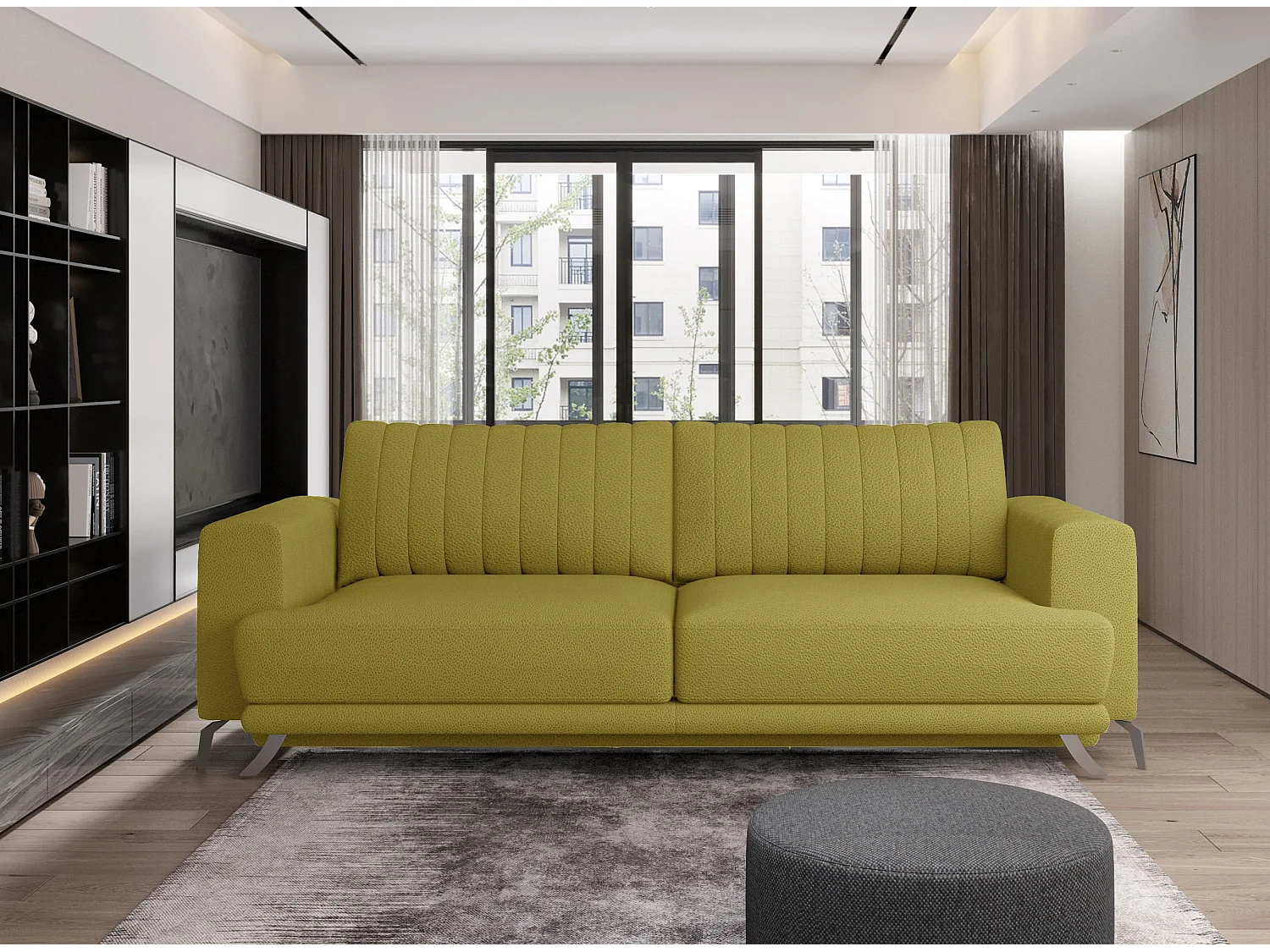 Canapé convertible design 3-4 places tissu jaune et pieds acier chromé Eliza 250cm