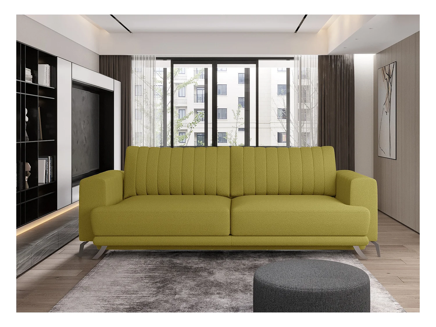 Canapé convertible design 3-4 places tissu jaune et pieds acier chromé Eliza 250cm