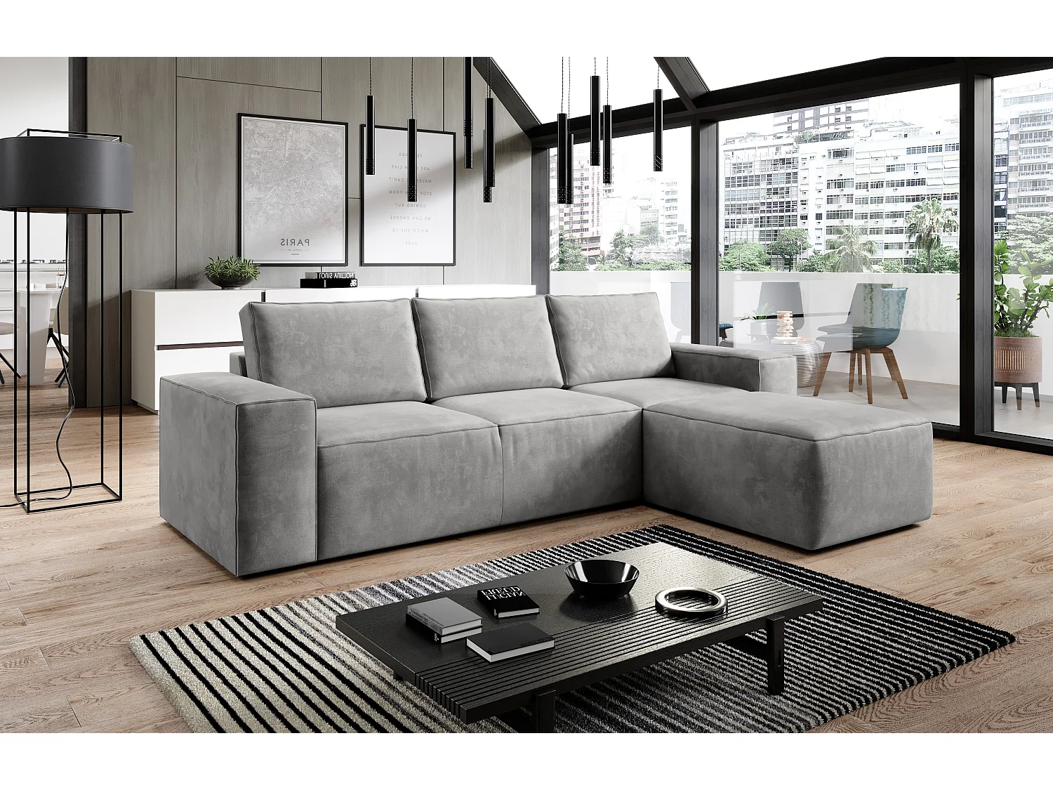 Willace moderne converteerbare hoekbank rechts zachte lichtgrijze stof 302 cm