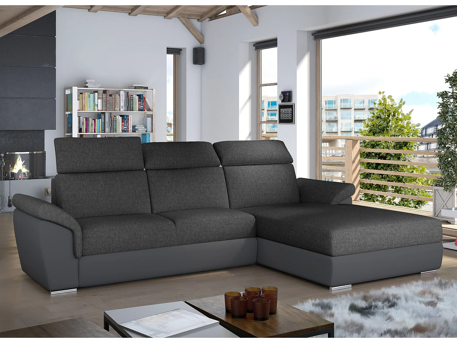 Canapé convertible d'angle tissu gris foncé chiné et simili gris Suzy 272cm