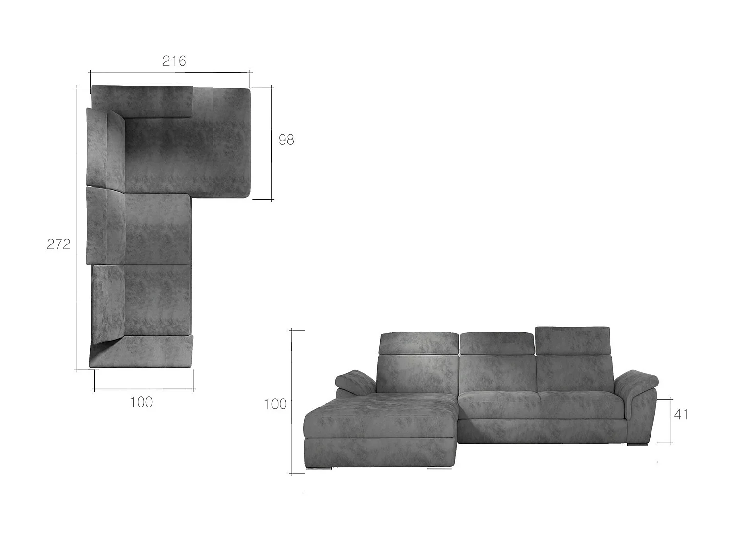 Canapé convertible d'angle tissu gris foncé chiné et simili gris Suzy 272cm