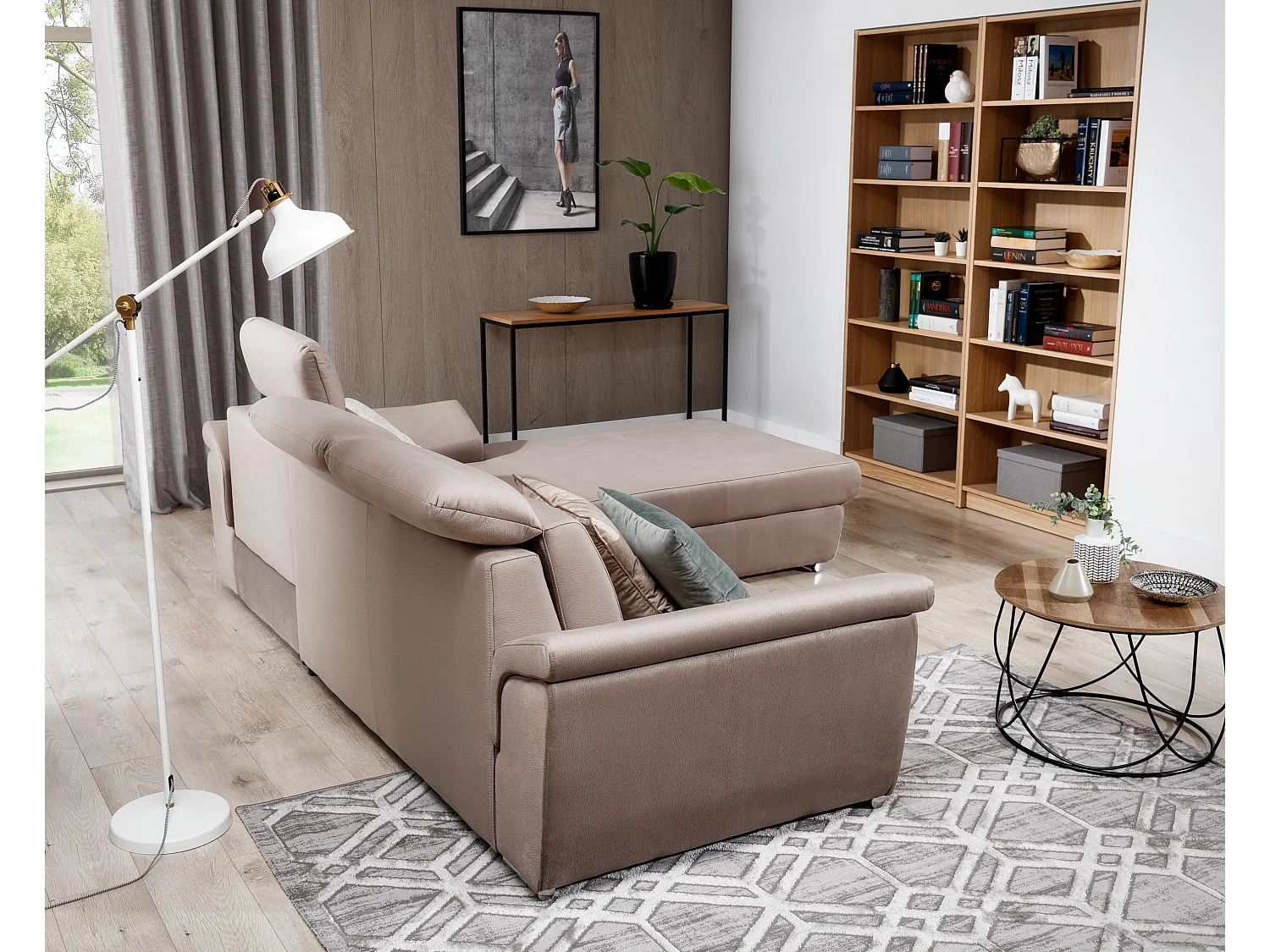 Canapé convertible d'angle tissu gris foncé chiné et simili gris Suzy 272cm