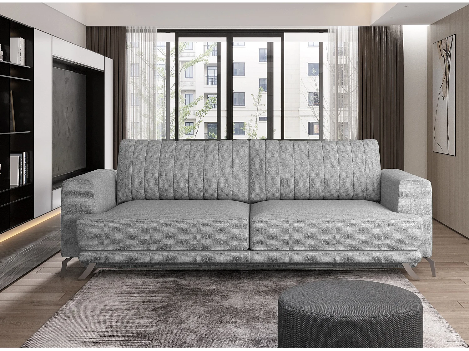 Canapé convertible design 3-4 places tissu gris clair chiné et pieds acier chromé Eliza 250cm