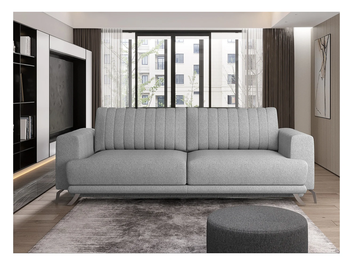 Canapé convertible design 3-4 places tissu gris clair chiné et pieds acier chromé Eliza 250cm