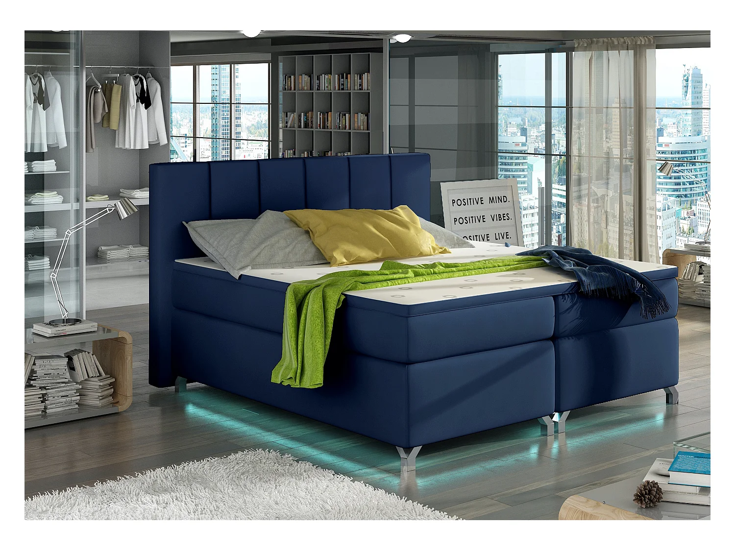 Lit boxspring 160x200 simili cuir bleu marine Balfor