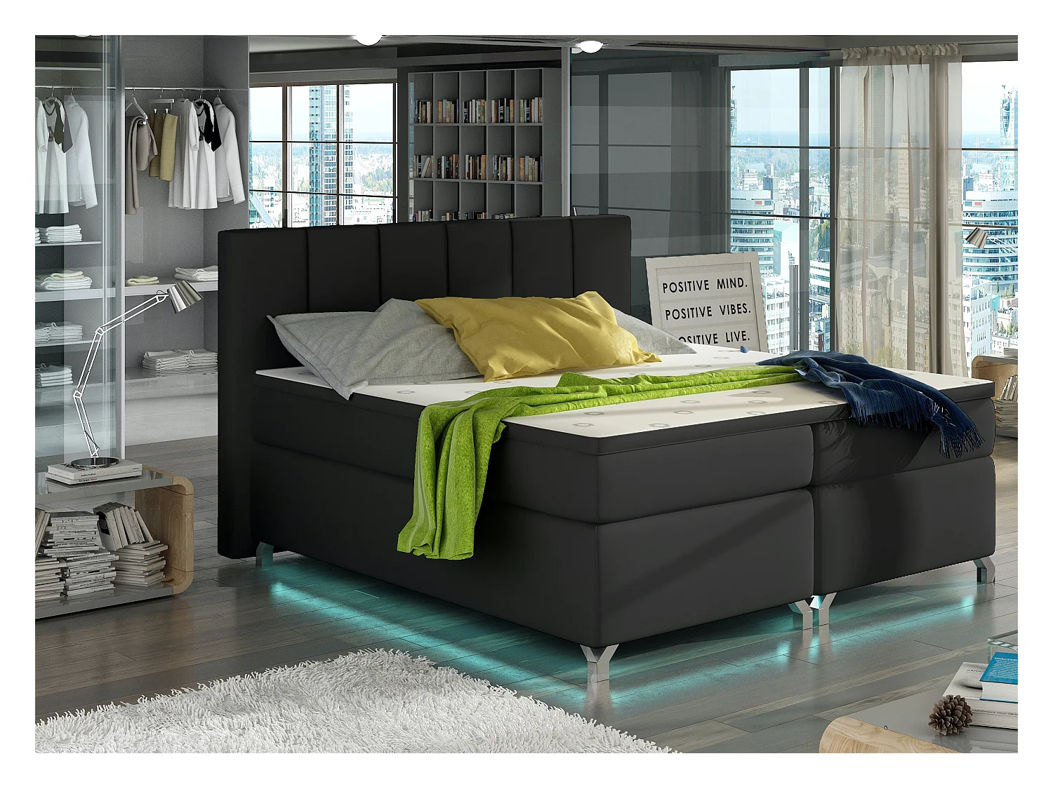 Lit boxspring 160x200 simili cuir noir Balfor