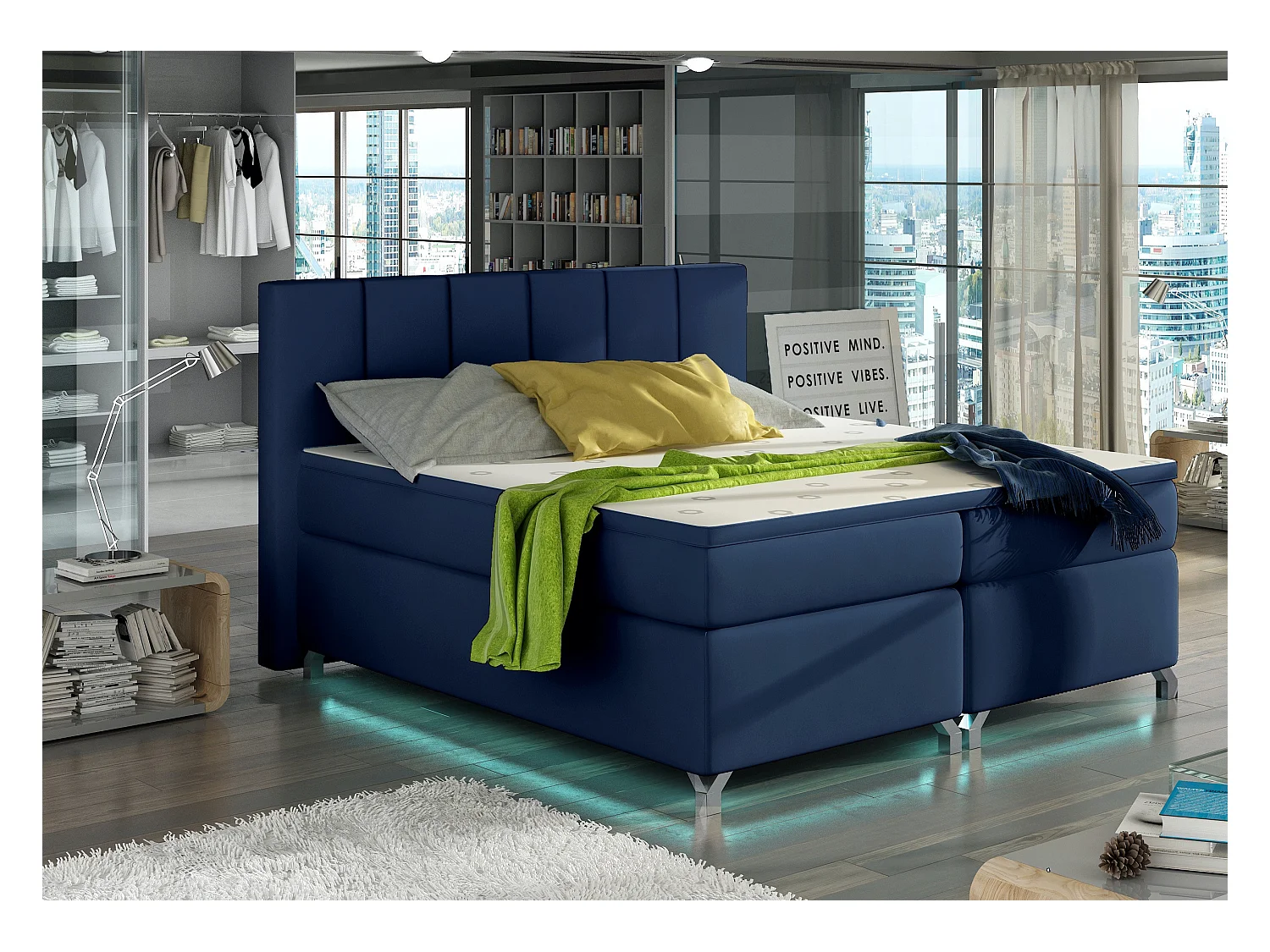 Lit boxspring 140x200 simili cuir bleu marine Balfor