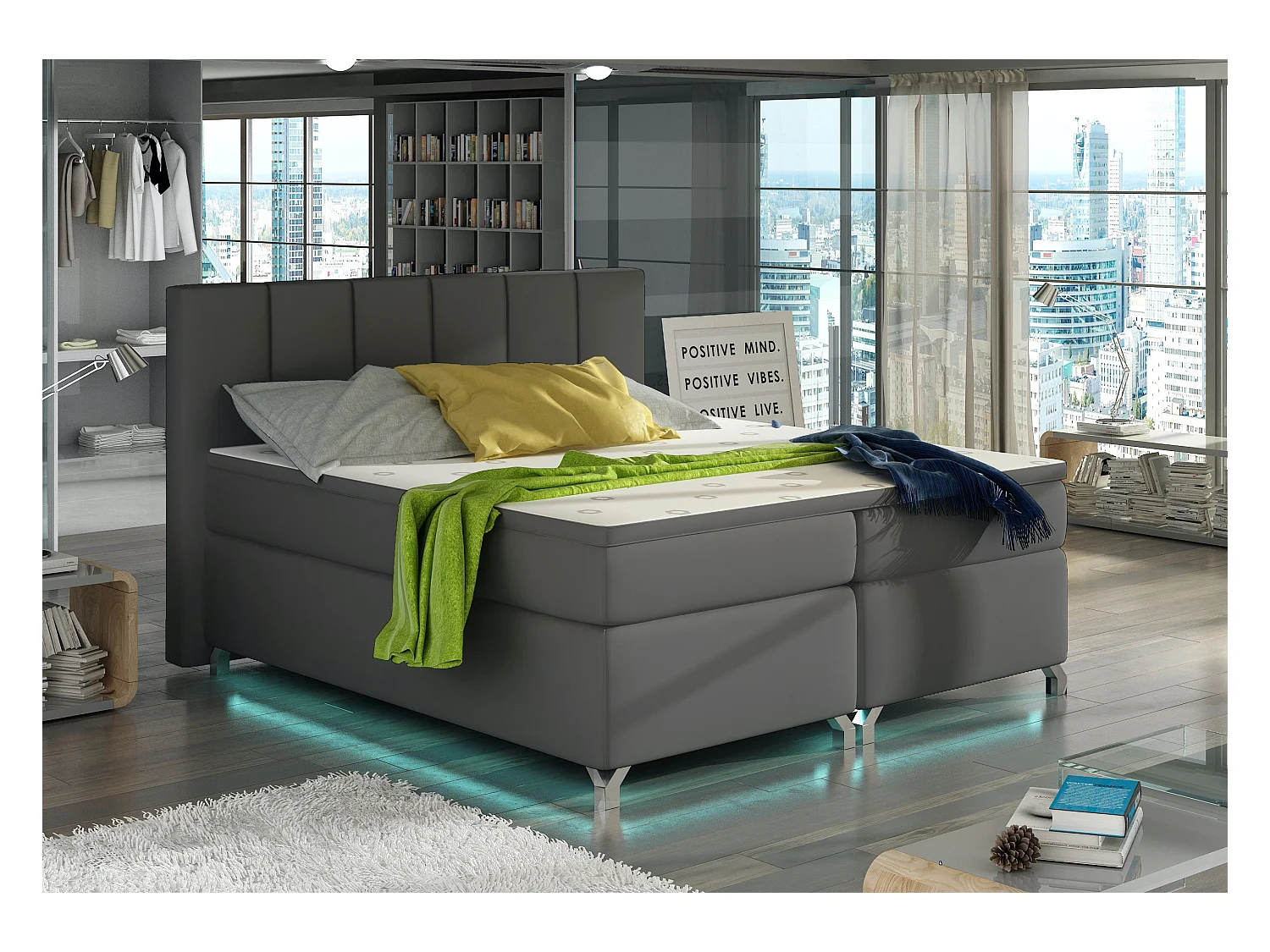 Lit boxspring 180x200 simili cuir gris Balfor