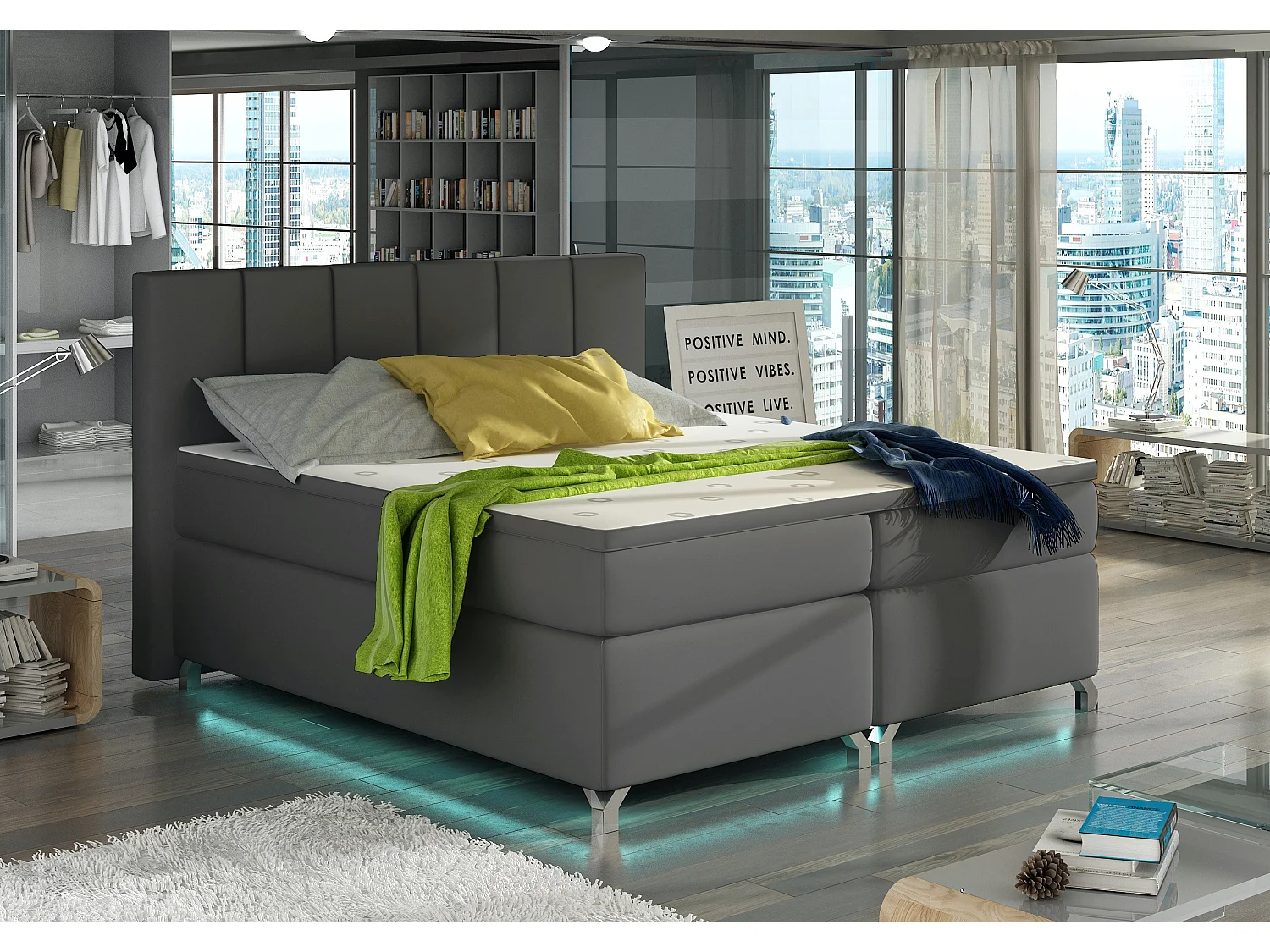 Lit boxspring 180x200 simili cuir gris Balfor