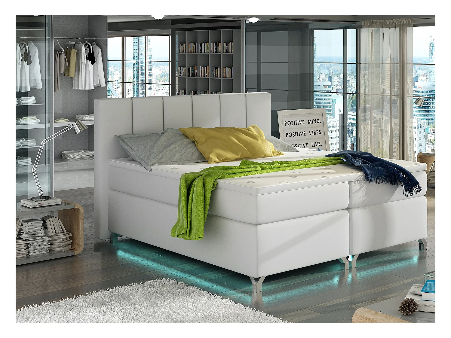 Lit boxspring 140x200 simili cuir blanc Balfor