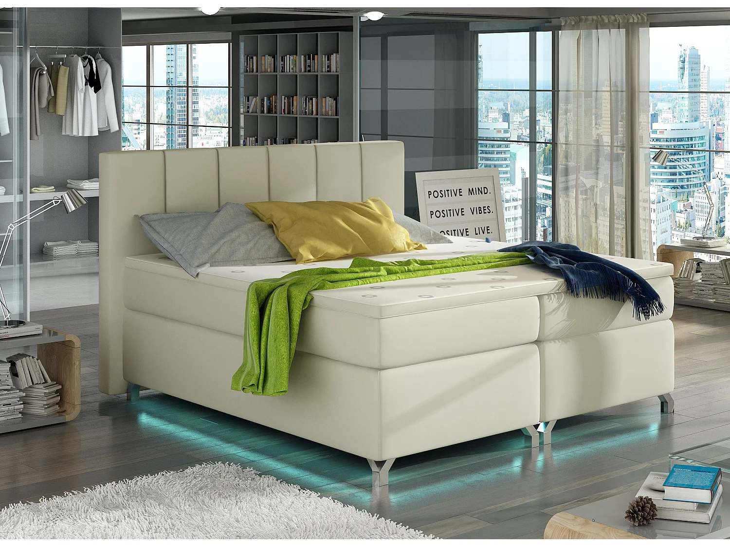 Lit boxspring 140x200 simili cuir crème Balfor