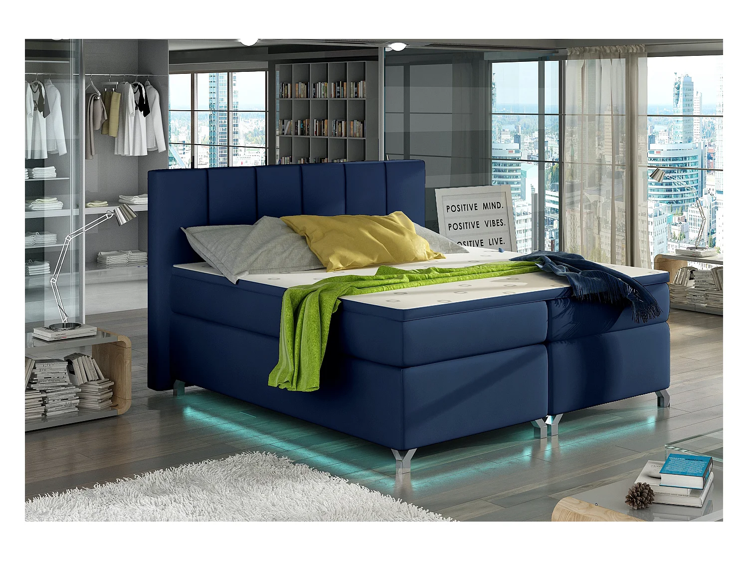 Lit boxspring 180x200 simili cuir bleu marine Balfor