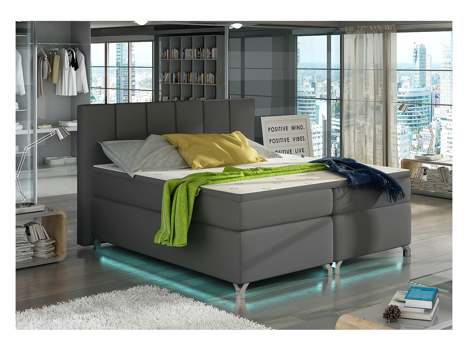 Lit boxspring 140x200 simili cuir gris Balfor