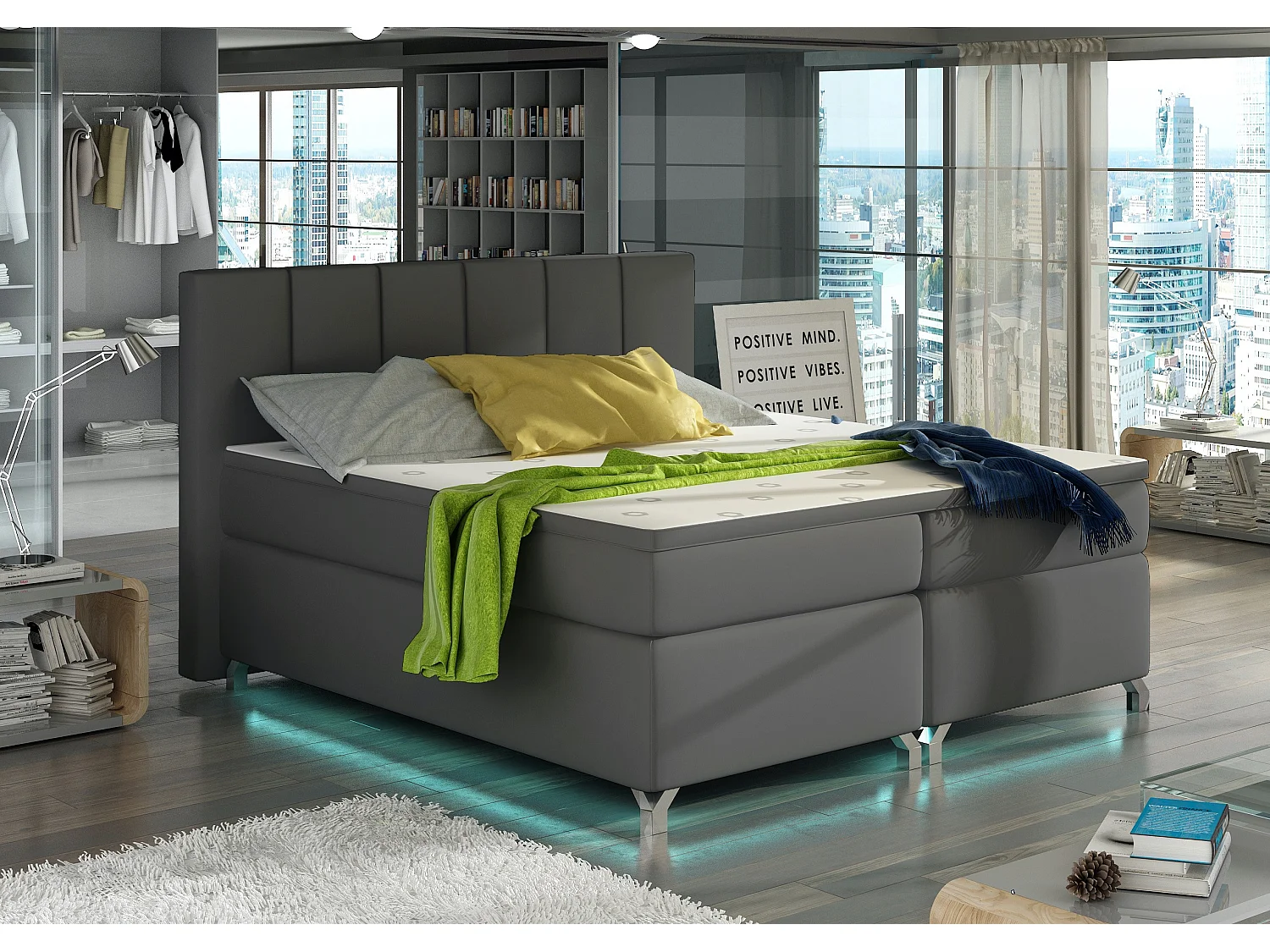 Lit boxspring 140x200 simili cuir gris Balfor